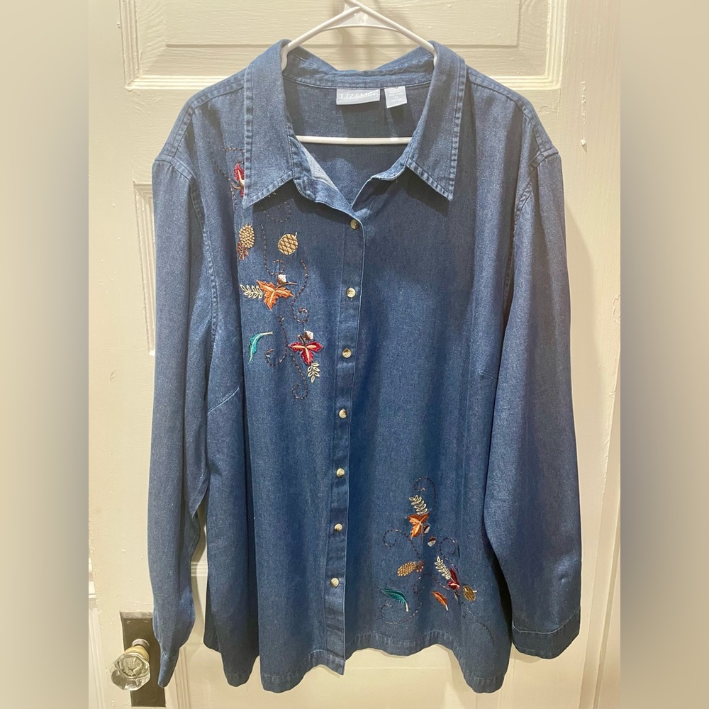 90’s Embroidered Denim Shirt, Autumn leaves, size 3X, Cottagecore, grandmacore,